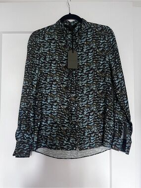 AllSaints Teal, Green, and Black Toni Plume Patterned Silk Blend Button UpBlouse